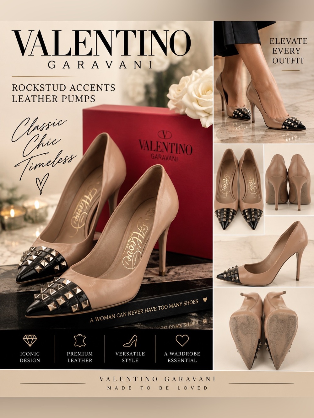 Valentino Garavani Nude Leather Rockstud Cap-Toe Pumps